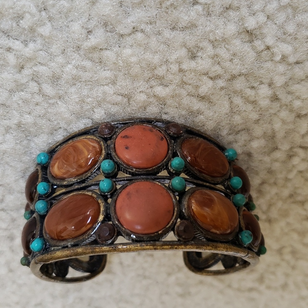 Cuff bracelet - brown/tan stones, turquoise